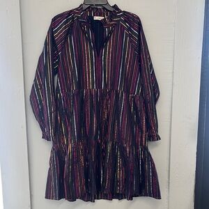 Roller Rabbit Janni Rainbow Lurex Stripe Tiered Swing Dress Size XS